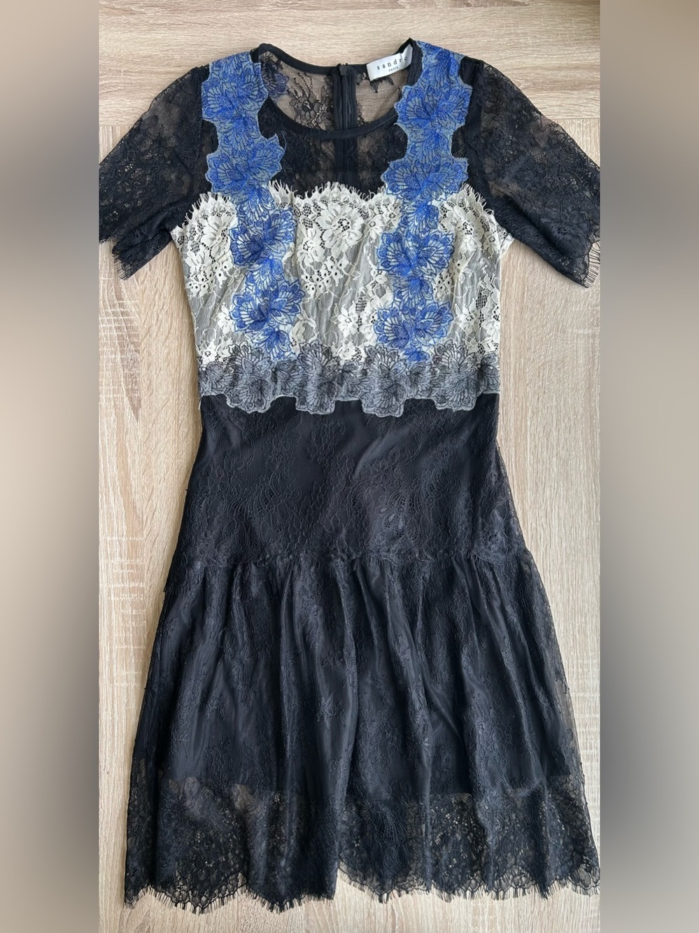 Sandro Paris Lace Floral-Accent Mini Dress Black White Blue 4 S Small - Picture 2 of 12